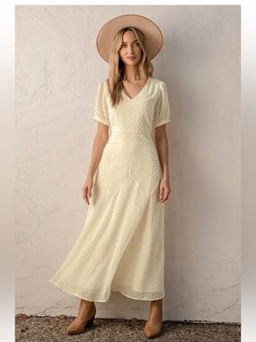 Lulu's Pale Cream Swiss Dot V-Neck Maxi Dress